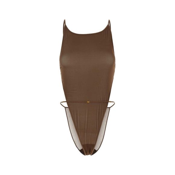 SAINT LAURENT Sweaters - Saint Laurent Women Brown Stretch Silk Bodysuit